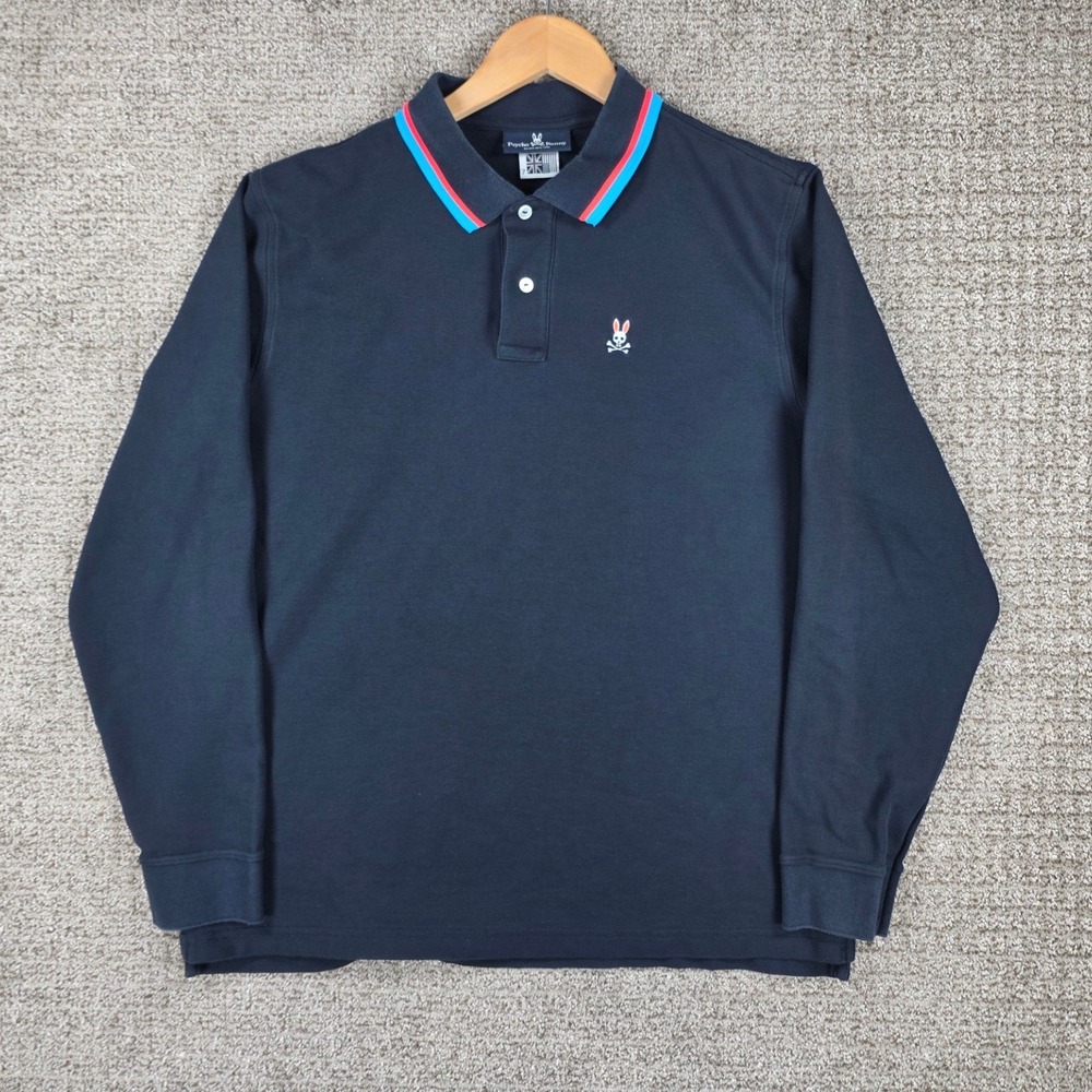 Psycho Bunny Mens Blue Long Sleeve Pique Polo Shirt Tipped Collar Size 7 XXL